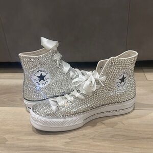 VGUC Custom Wedding Converse White Rhinestone High-Top Platform Sneakers Size 8